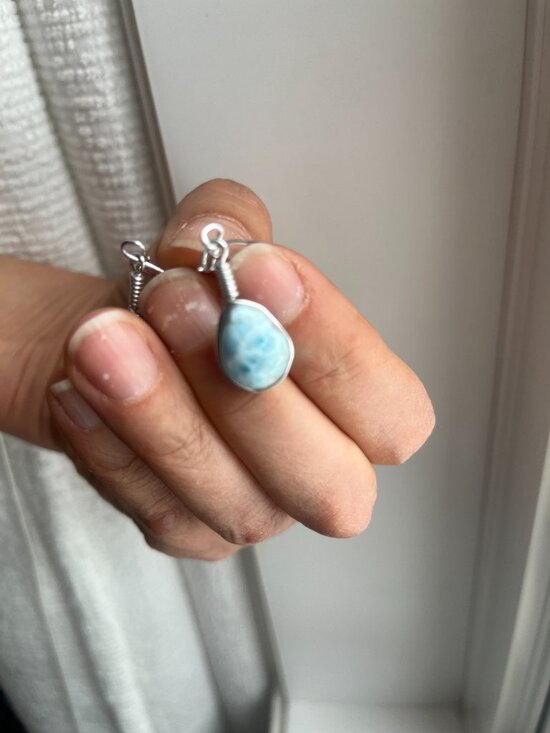 Natural Larimar Teardrop Wire-Wrapped Earrings - Picture 6 of 7